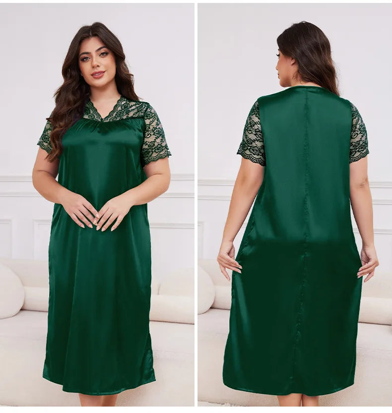 2025 New Nightgown Women Leisure Homewear Sexy Lace Splicing Sleeve Nightdress Long Sleepwear Soft Satin Loungewear Big Size 5Xl