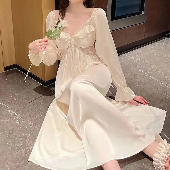 New Female Long Nightgown Sexy V-Neck Lace Trim Sleepwear Nightdress Palace Style Princess Nightwear Loose Silk Satin Home Dress