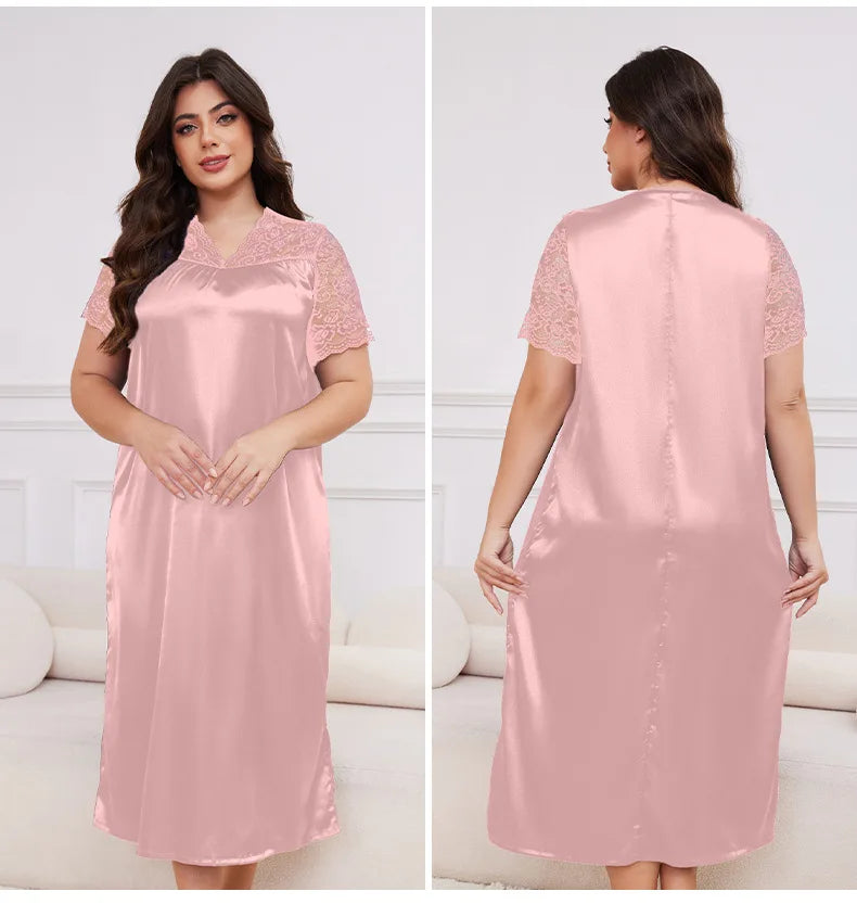 2025 New Nightgown Women Leisure Homewear Sexy Lace Splicing Sleeve Nightdress Long Sleepwear Soft Satin Loungewear Big Size 5Xl