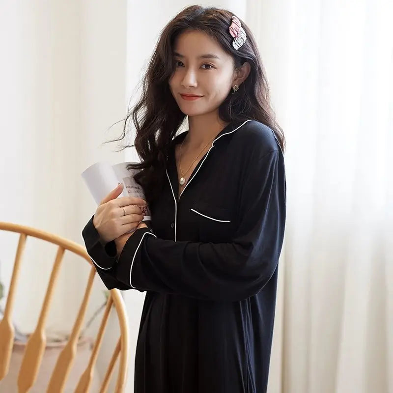 Black Nightgowns Women Autumn Sleepwear Loose Long Sleeve Ankle Length Simple Chic Female Home Cozy Ins Popular Preppy Students
