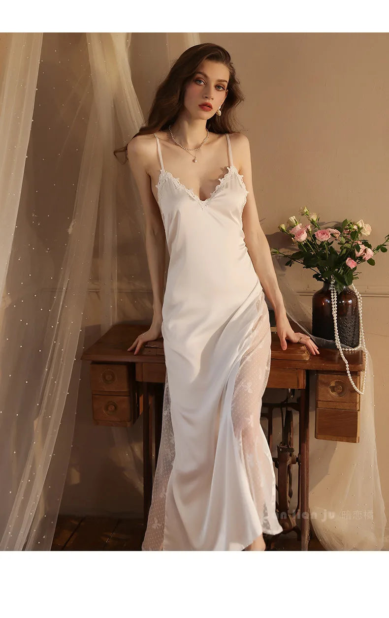 Night Gown For Women Nightie New Sexy Backless Long Nightdress Thin Silk Lace Summer Nightgowns Ladies Sleepwear Pajama Dress
