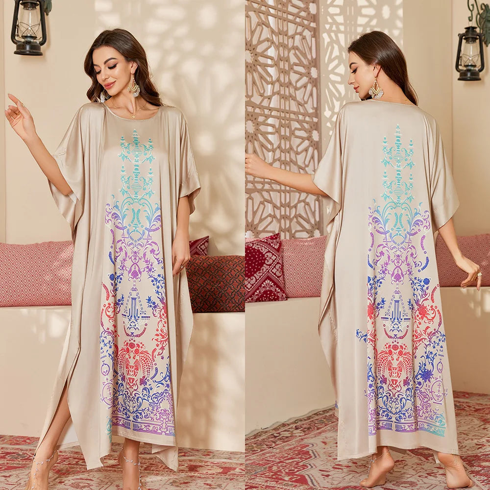 Nightgown Half Sleeve Bathrobe Homewear Women Loose Sleepwear Satin Nightwear Print Flower Loungewear Sleepshirt