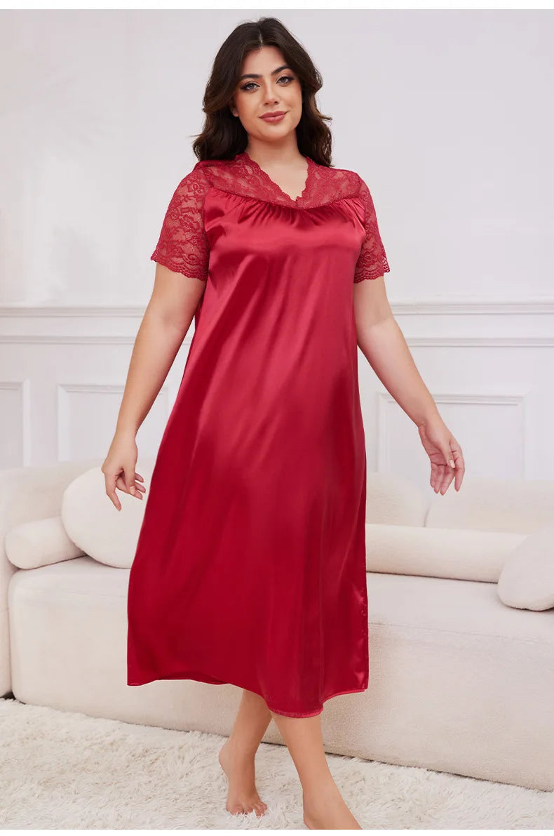 2025 New Nightgown Women Leisure Homewear Sexy Lace Splicing Sleeve Nightdress Long Sleepwear Soft Satin Loungewear Big Size 5Xl