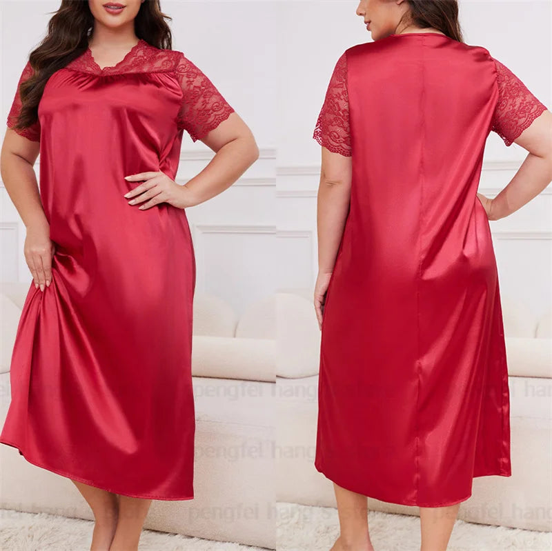 2025 New Nightgown Women Leisure Homewear Sexy Lace Splicing Sleeve Nightdress Long Sleepwear Soft Satin Loungewear Big Size 5Xl