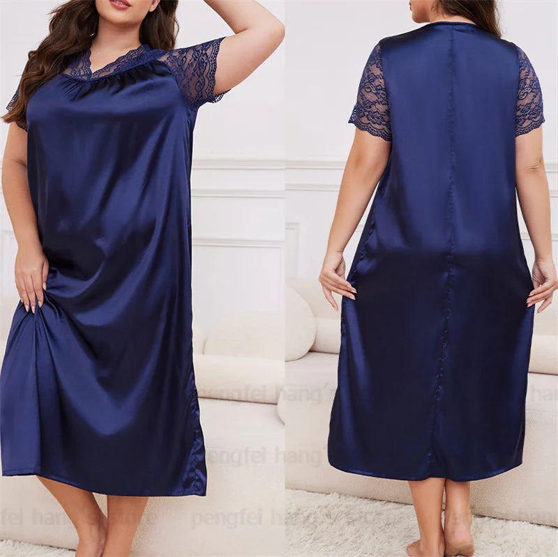 2025 New Nightgown Women Leisure Homewear Sexy Lace Splicing Sleeve Nightdress Long Sleepwear Soft Satin Loungewear Big Size 5Xl