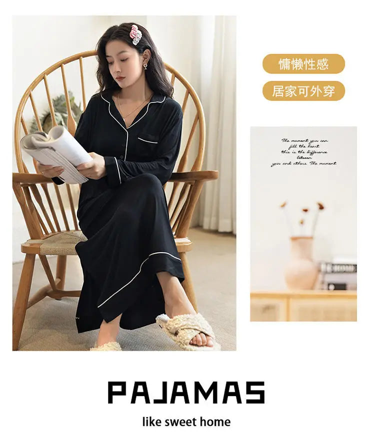 Black Nightgowns Women Autumn Sleepwear Loose Long Sleeve Ankle Length Simple Chic Female Home Cozy Ins Popular Preppy Students