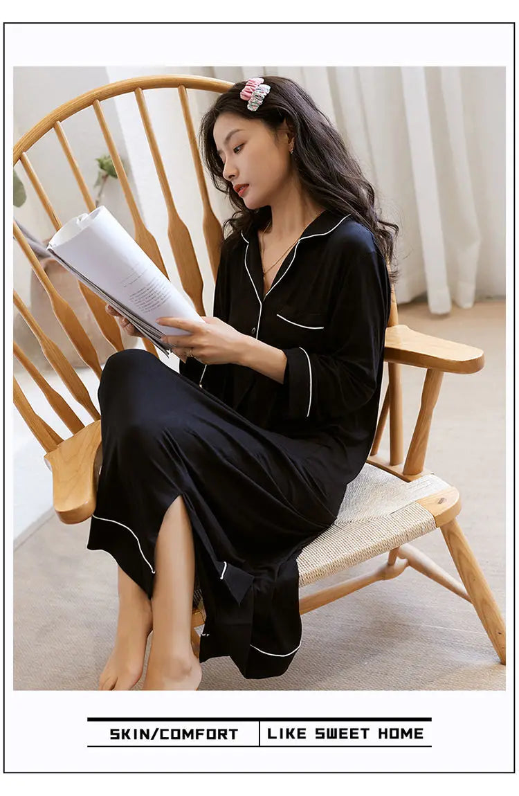 Black Nightgowns Women Autumn Sleepwear Loose Long Sleeve Ankle Length Simple Chic Female Home Cozy Ins Popular Preppy Students
