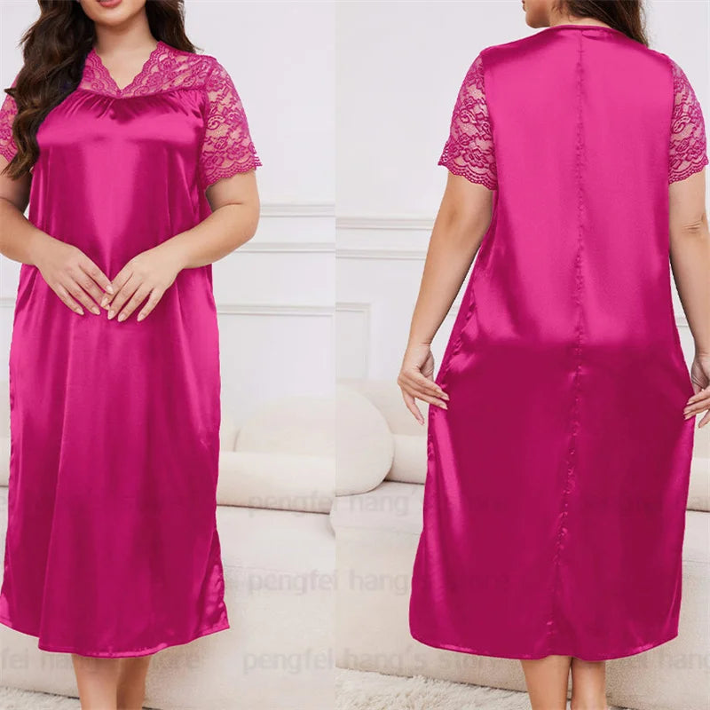 2025 New Nightgown Women Leisure Homewear Sexy Lace Splicing Sleeve Nightdress Long Sleepwear Soft Satin Loungewear Big Size 5Xl