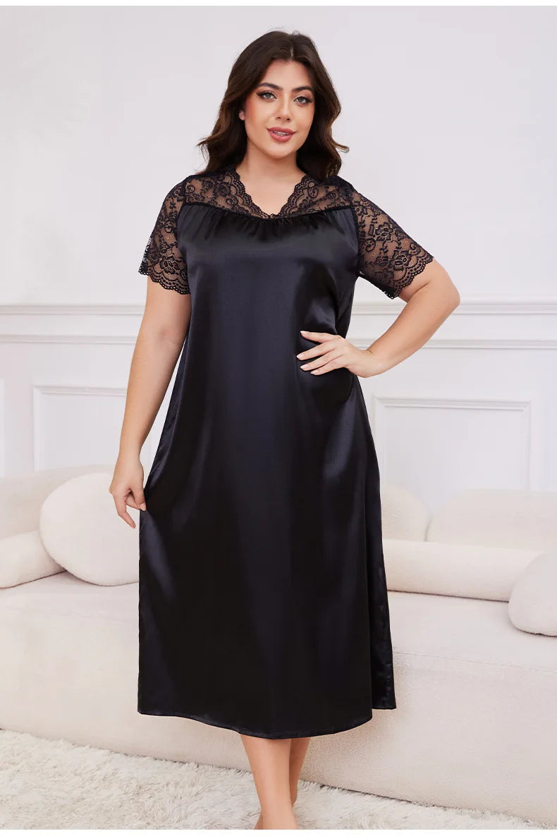 2025 New Nightgown Women Leisure Homewear Sexy Lace Splicing Sleeve Nightdress Long Sleepwear Soft Satin Loungewear Big Size 5Xl