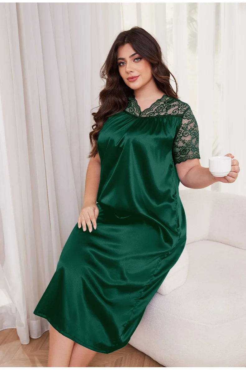 2025 New Nightgown Women Leisure Homewear Sexy Lace Splicing Sleeve Nightdress Long Sleepwear Soft Satin Loungewear Big Size 5Xl