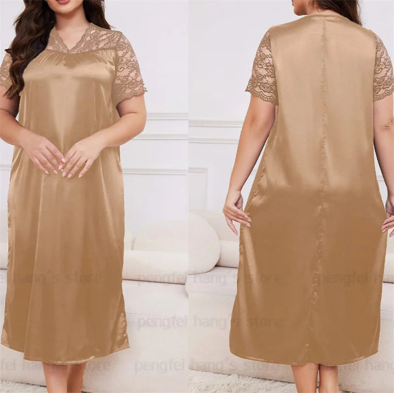 2025 New Nightgown Women Leisure Homewear Sexy Lace Splicing Sleeve Nightdress Long Sleepwear Soft Satin Loungewear Big Size 5Xl
