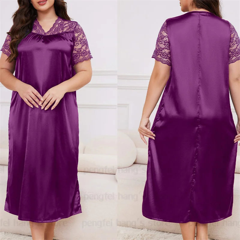 2025 New Nightgown Women Leisure Homewear Sexy Lace Splicing Sleeve Nightdress Long Sleepwear Soft Satin Loungewear Big Size 5Xl