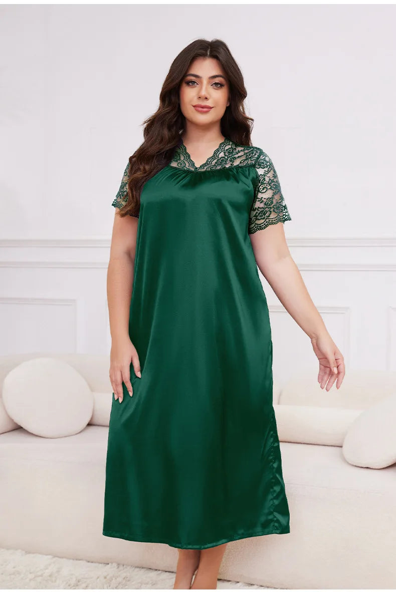 2025 New Nightgown Women Leisure Homewear Sexy Lace Splicing Sleeve Nightdress Long Sleepwear Soft Satin Loungewear Big Size 5Xl