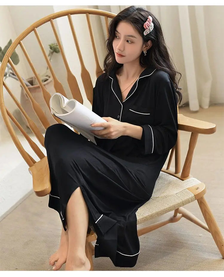 Black Nightgowns Women Autumn Sleepwear Loose Long Sleeve Ankle Length Simple Chic Female Home Cozy Ins Popular Preppy Students