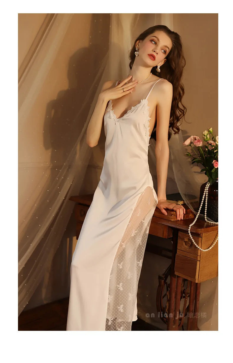 Night Gown For Women Nightie New Sexy Backless Long Nightdress Thin Silk Lace Summer Nightgowns Ladies Sleepwear Pajama Dress