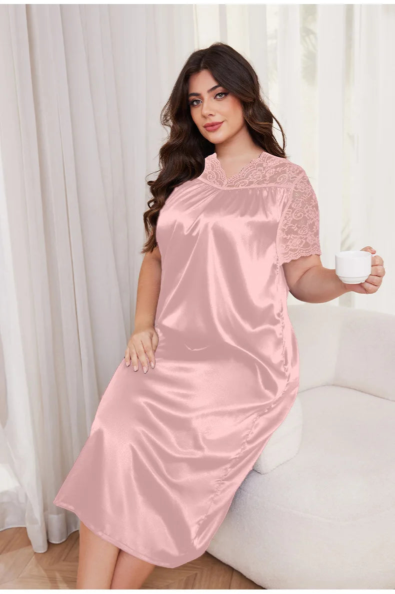 2025 New Nightgown Women Leisure Homewear Sexy Lace Splicing Sleeve Nightdress Long Sleepwear Soft Satin Loungewear Big Size 5Xl