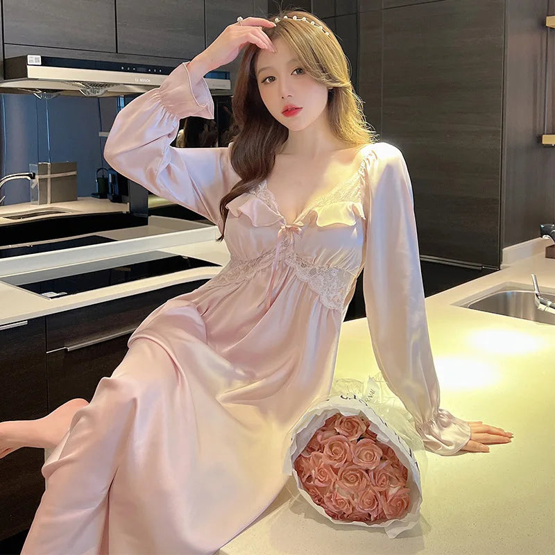 New Female Long Nightgown Sexy V-Neck Lace Trim Sleepwear Nightdress Palace Style Princess Nightwear Loose Silk Satin Home Dress