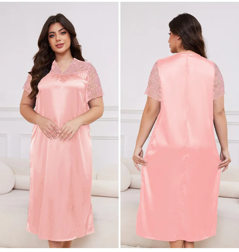 2025 New Nightgown Women Leisure Homewear Sexy Lace Splicing Sleeve Nightdress Long Sleepwear Soft Satin Loungewear Big Size 5Xl