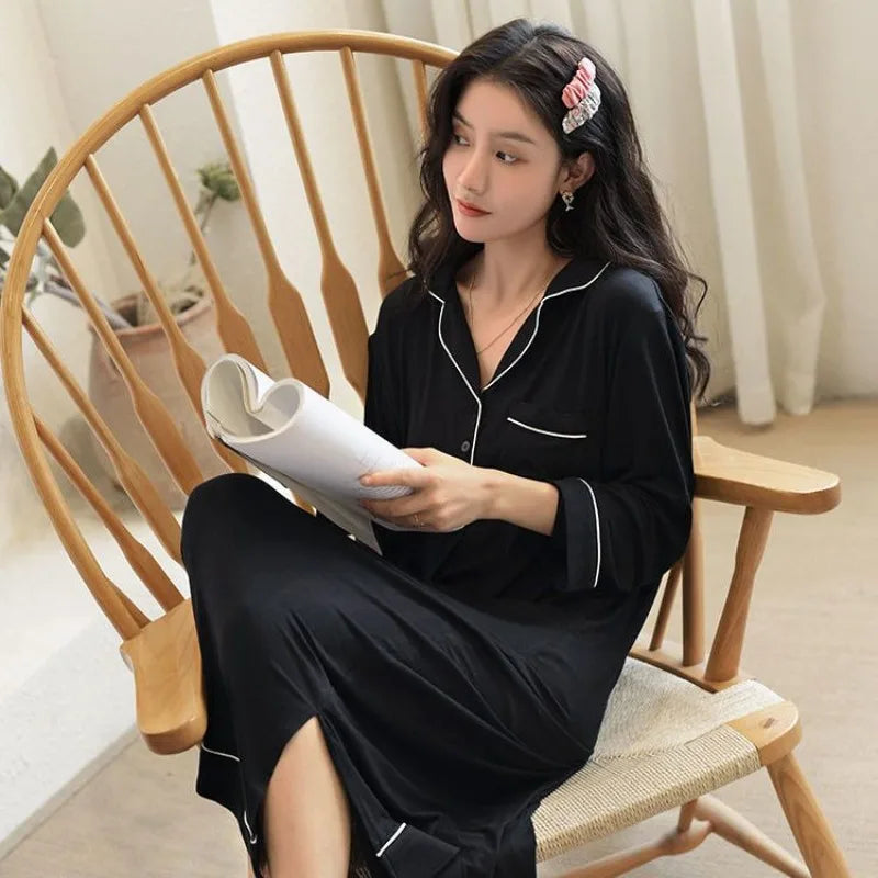 Black Nightgowns Women Autumn Sleepwear Loose Long Sleeve Ankle Length Simple Chic Female Home Cozy Ins Popular Preppy Students