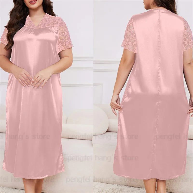 2025 New Nightgown Women Leisure Homewear Sexy Lace Splicing Sleeve Nightdress Long Sleepwear Soft Satin Loungewear Big Size 5Xl