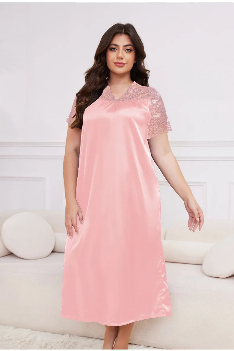 2025 New Nightgown Women Leisure Homewear Sexy Lace Splicing Sleeve Nightdress Long Sleepwear Soft Satin Loungewear Big Size 5Xl
