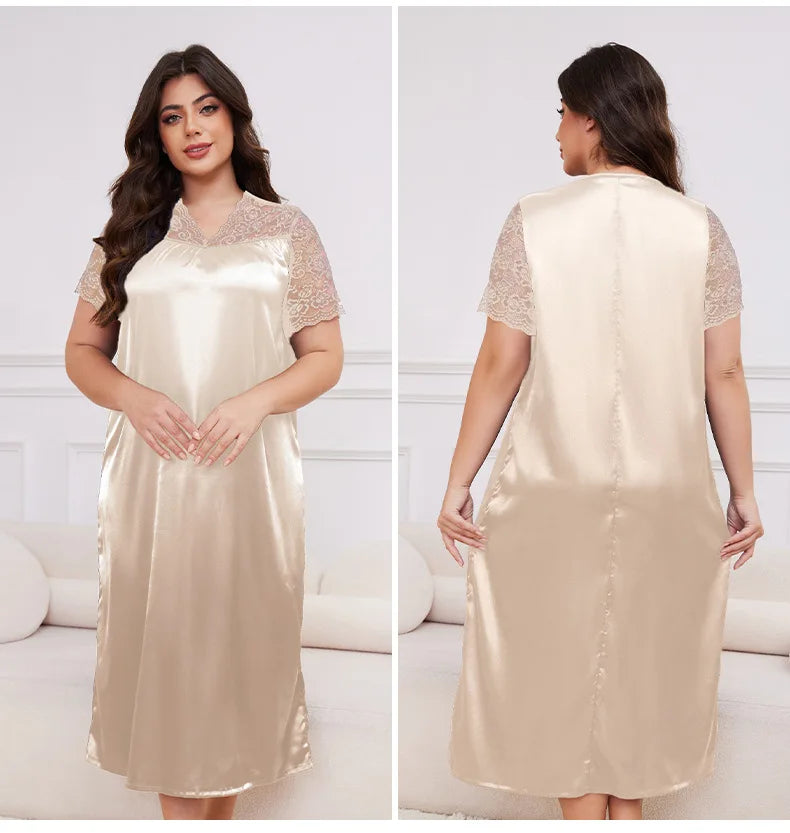 2025 New Nightgown Women Leisure Homewear Sexy Lace Splicing Sleeve Nightdress Long Sleepwear Soft Satin Loungewear Big Size 5Xl