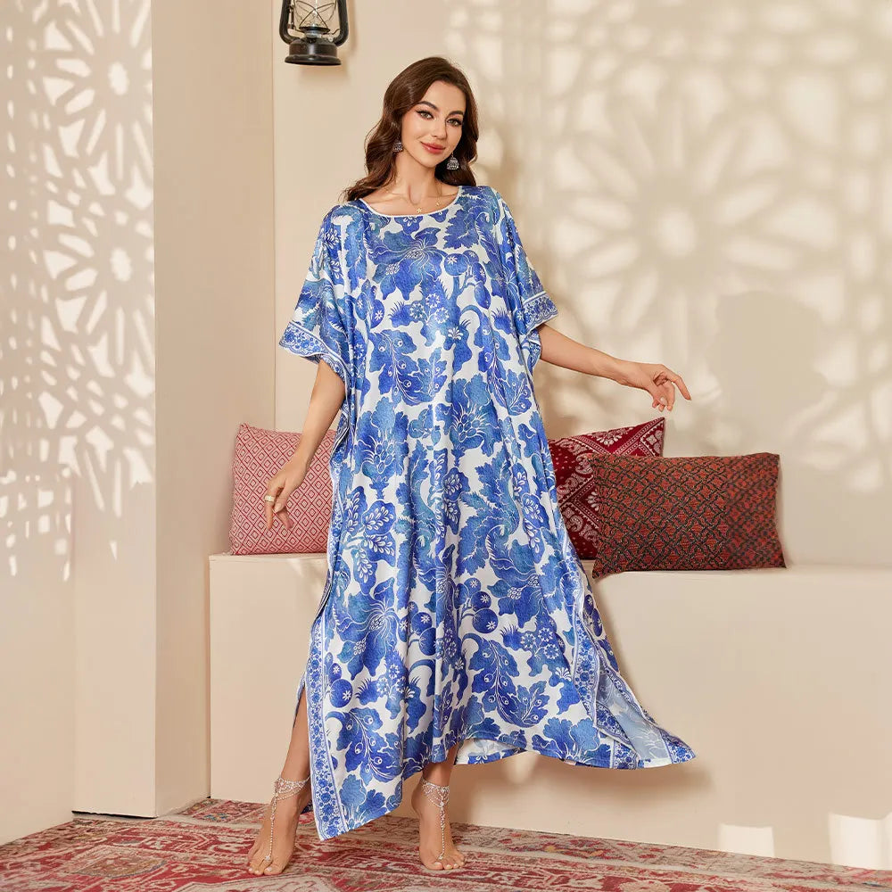 Nightgown Half Sleeve Bathrobe Homewear Women Loose Sleepwear Satin Nightwear Print Flower Loungewear Sleepshirt