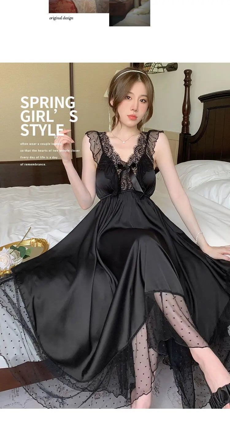 Nightgowns Women Sexy Nightwear Solid Ladies Summer Fashion Breathable Korean Style Sleepwear Basic V-neck Chic Loose Lace Cozy