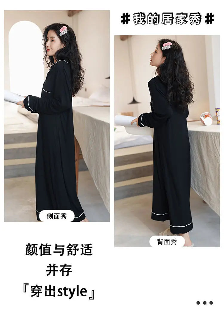 Black Nightgowns Women Autumn Sleepwear Loose Long Sleeve Ankle Length Simple Chic Female Home Cozy Ins Popular Preppy Students