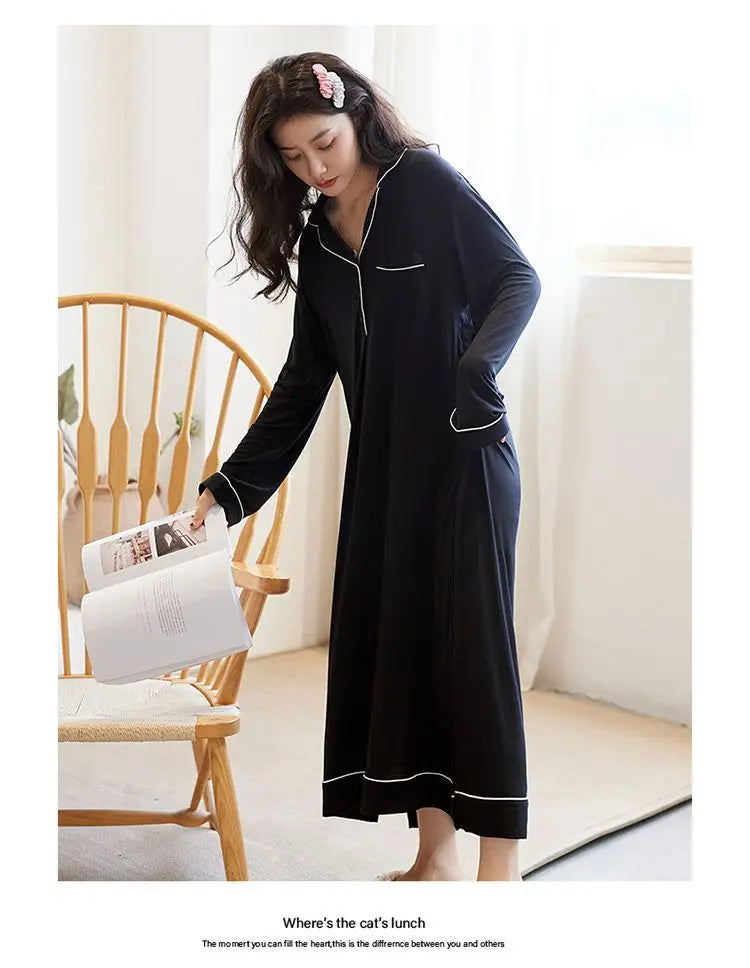 Black Nightgowns Women Autumn Sleepwear Loose Long Sleeve Ankle Length Simple Chic Female Home Cozy Ins Popular Preppy Students