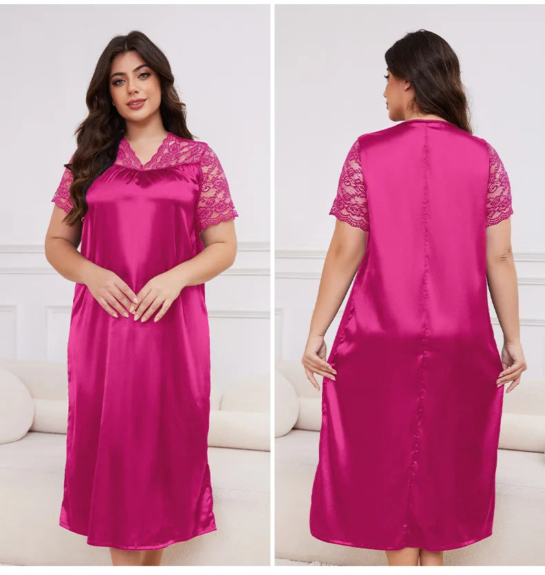 2025 New Nightgown Women Leisure Homewear Sexy Lace Splicing Sleeve Nightdress Long Sleepwear Soft Satin Loungewear Big Size 5Xl