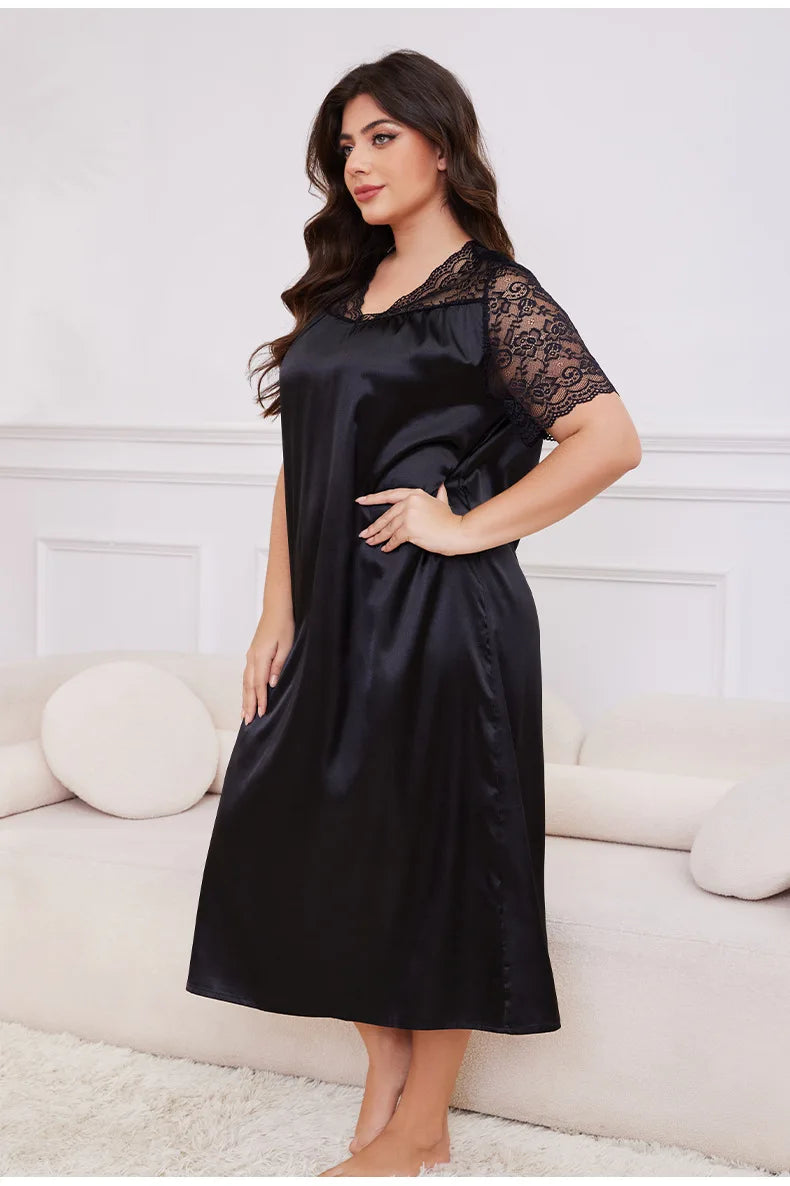 2025 New Nightgown Women Leisure Homewear Sexy Lace Splicing Sleeve Nightdress Long Sleepwear Soft Satin Loungewear Big Size 5Xl