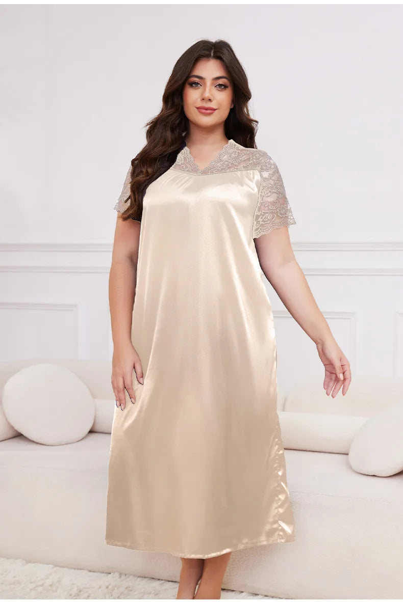 2025 New Nightgown Women Leisure Homewear Sexy Lace Splicing Sleeve Nightdress Long Sleepwear Soft Satin Loungewear Big Size 5Xl