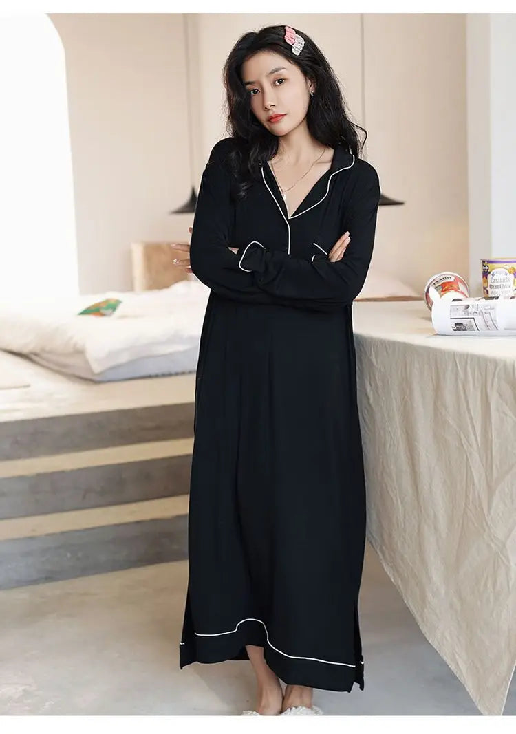 Black Nightgowns Women Autumn Sleepwear Loose Long Sleeve Ankle Length Simple Chic Female Home Cozy Ins Popular Preppy Students
