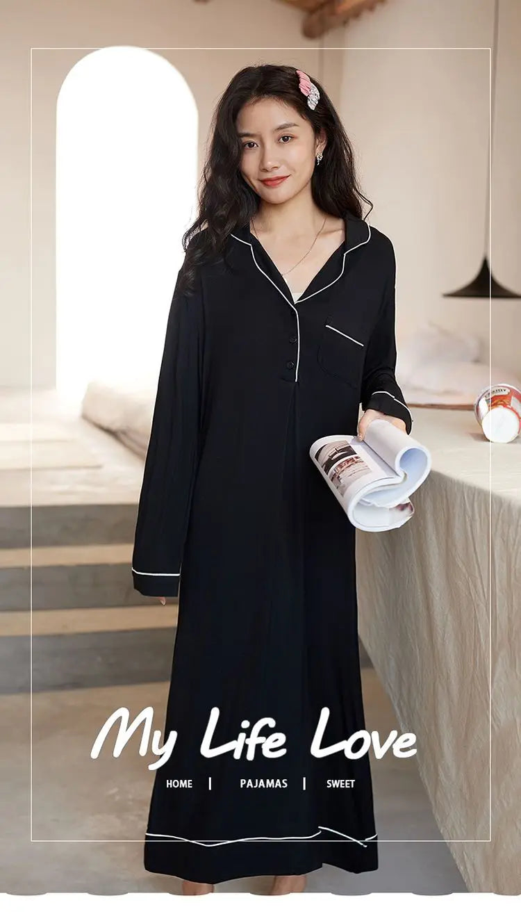 Black Nightgowns Women Autumn Sleepwear Loose Long Sleeve Ankle Length Simple Chic Female Home Cozy Ins Popular Preppy Students