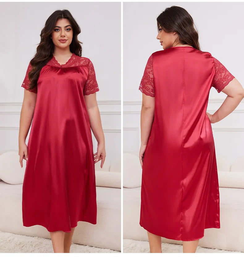 2025 New Nightgown Women Leisure Homewear Sexy Lace Splicing Sleeve Nightdress Long Sleepwear Soft Satin Loungewear Big Size 5Xl