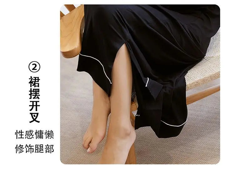 Black Nightgowns Women Autumn Sleepwear Loose Long Sleeve Ankle Length Simple Chic Female Home Cozy Ins Popular Preppy Students