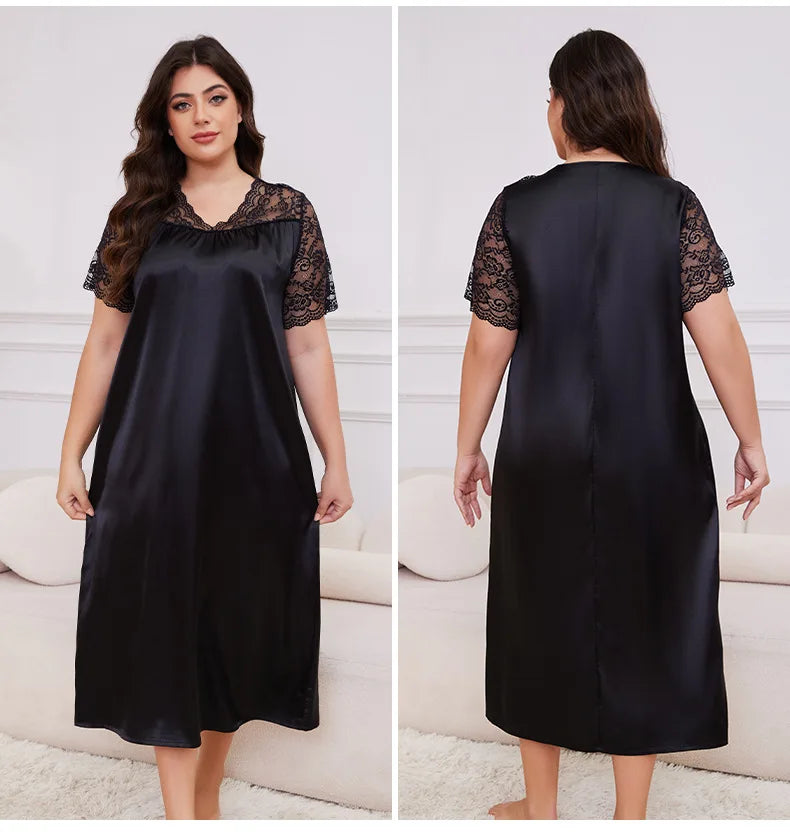 2025 New Nightgown Women Leisure Homewear Sexy Lace Splicing Sleeve Nightdress Long Sleepwear Soft Satin Loungewear Big Size 5Xl