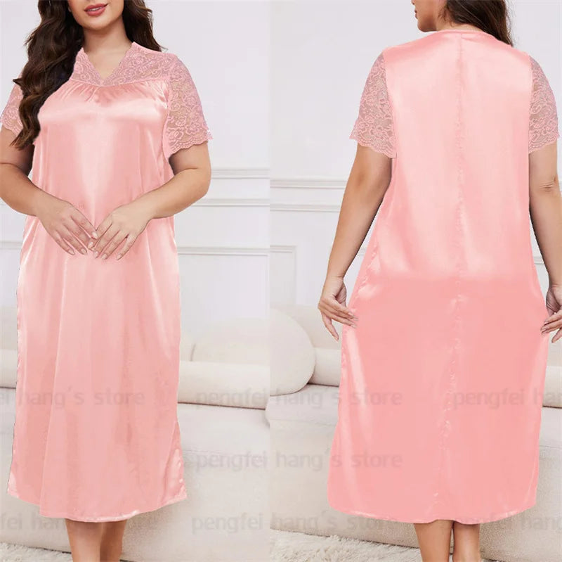 2025 New Nightgown Women Leisure Homewear Sexy Lace Splicing Sleeve Nightdress Long Sleepwear Soft Satin Loungewear Big Size 5Xl