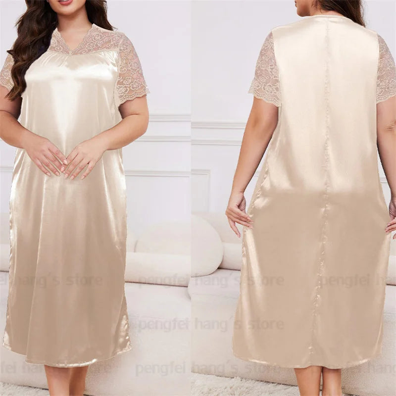 2025 New Nightgown Women Leisure Homewear Sexy Lace Splicing Sleeve Nightdress Long Sleepwear Soft Satin Loungewear Big Size 5Xl
