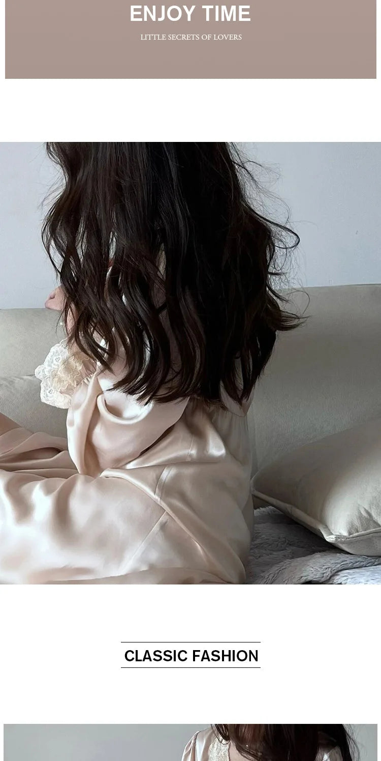 New Female Long Nightgown Sexy V-Neck Lace Trim Sleepwear Nightdress Palace Style Princess Nightwear Loose Silk Satin Home Dress