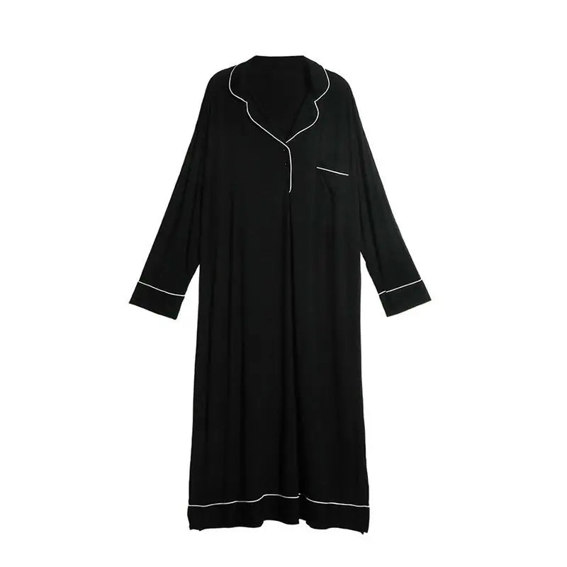 Black Nightgowns Women Autumn Sleepwear Loose Long Sleeve Ankle Length Simple Chic Female Home Cozy Ins Popular Preppy Students