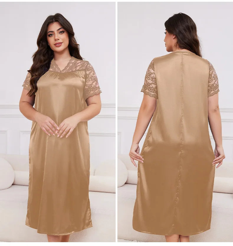 2025 New Nightgown Women Leisure Homewear Sexy Lace Splicing Sleeve Nightdress Long Sleepwear Soft Satin Loungewear Big Size 5Xl