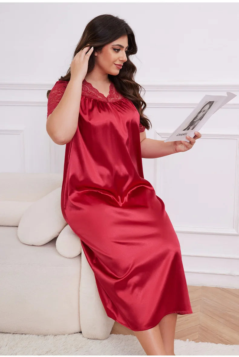2025 New Nightgown Women Leisure Homewear Sexy Lace Splicing Sleeve Nightdress Long Sleepwear Soft Satin Loungewear Big Size 5Xl