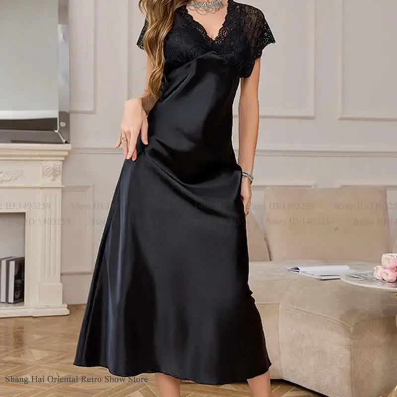 Elegant Long Nightgown Home Clothing New Female Sleepwear Nighty Sexy Perspective Lace Nightdress Satin Loungewear Lingerie