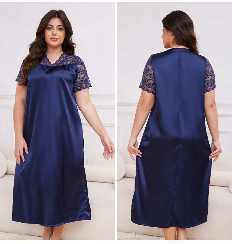 2025 New Nightgown Women Leisure Homewear Sexy Lace Splicing Sleeve Nightdress Long Sleepwear Soft Satin Loungewear Big Size 5Xl