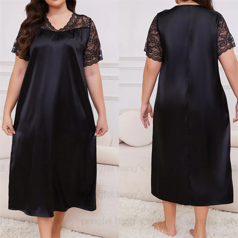 2025 New Nightgown Women Leisure Homewear Sexy Lace Splicing Sleeve Nightdress Long Sleepwear Soft Satin Loungewear Big Size 5Xl