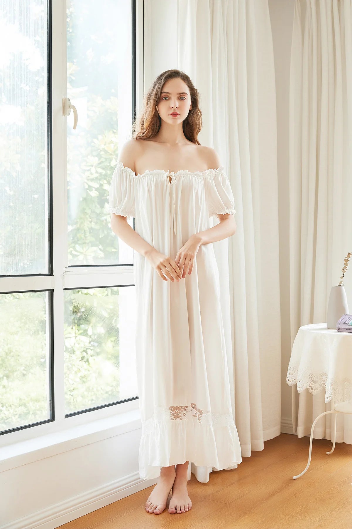 Women's Long White Pink Nightgown, Short Sleeve, Lounge Nightdress, Elegant, Vintage, Loose Sleepwear, Nightwear Gown, Summer