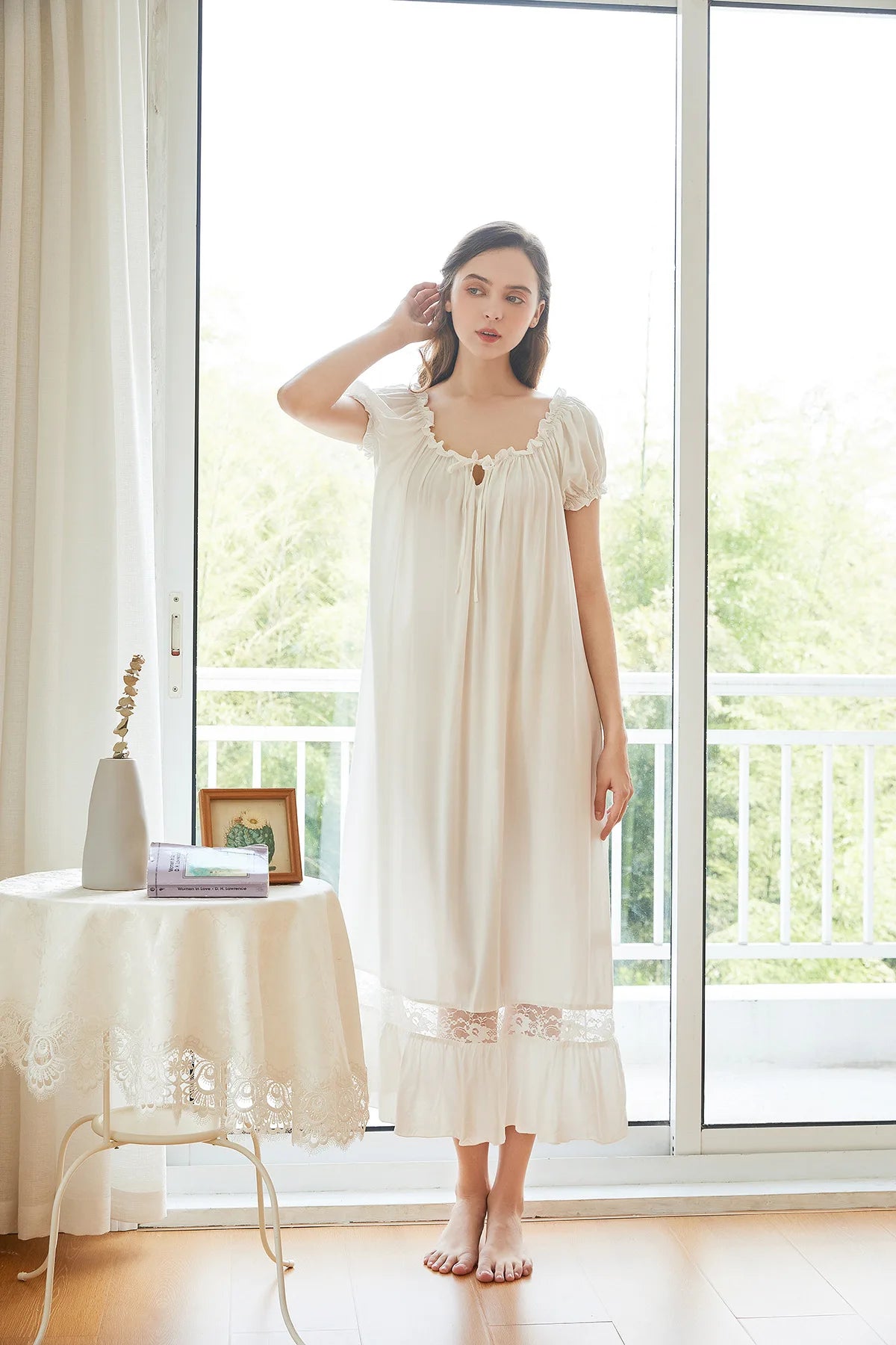 Women's Long White Pink Nightgown, Short Sleeve, Lounge Nightdress, Elegant, Vintage, Loose Sleepwear, Nightwear Gown, Summer