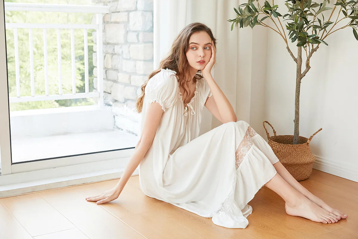 Women's Long White Pink Nightgown, Short Sleeve, Lounge Nightdress, Elegant, Vintage, Loose Sleepwear, Nightwear Gown, Summer